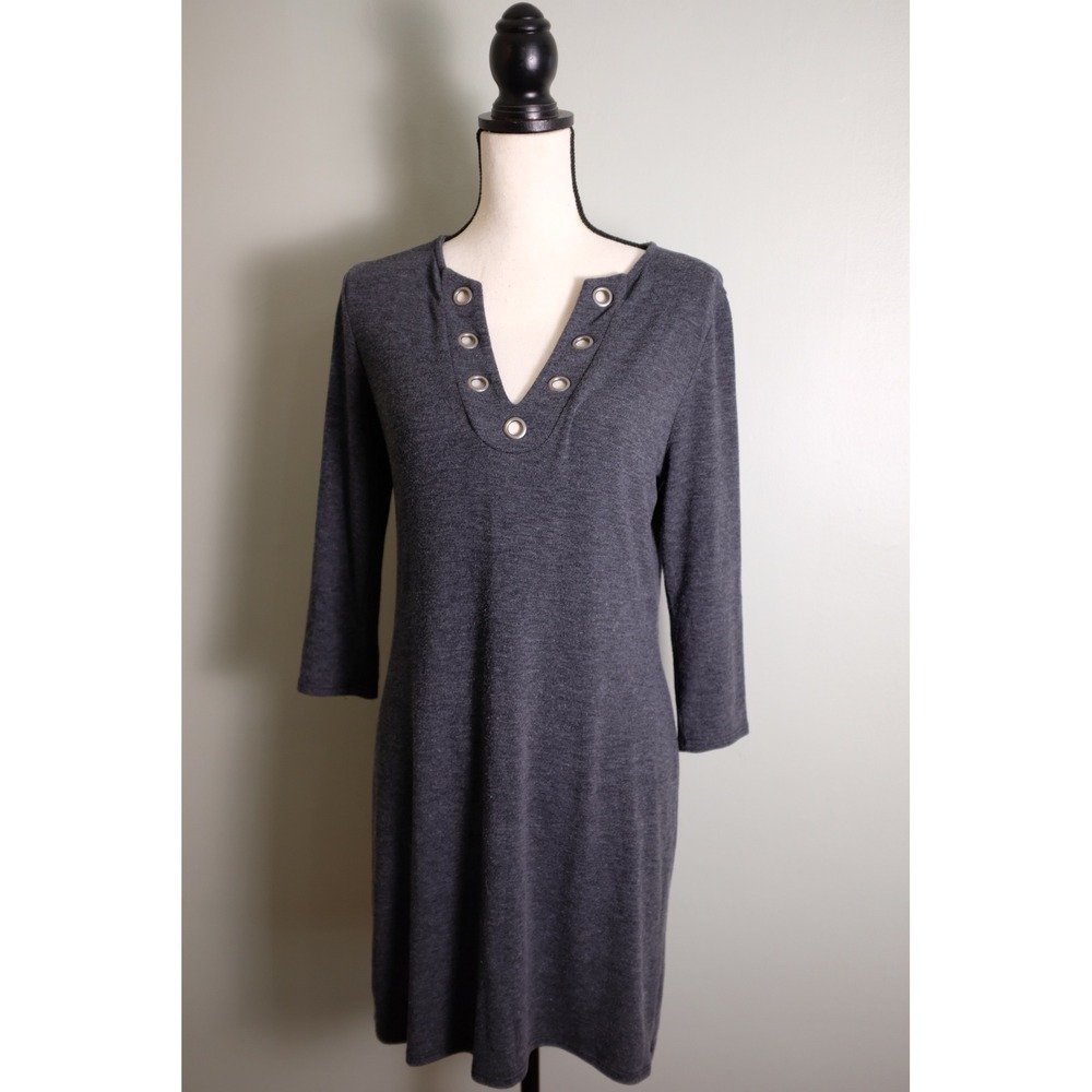 Charcoal Gray Grommet Neck Mini Dress Long Sleeve Knit Shift Tunic Small